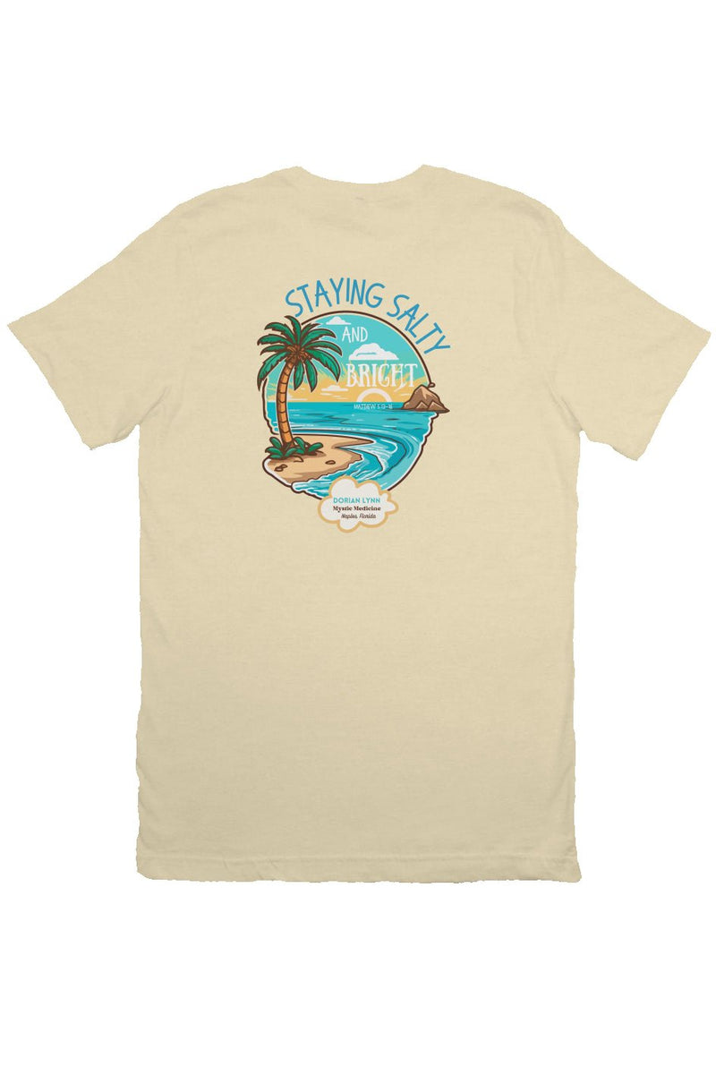 Tropical Christian palm tree t-shirt with salt and light spiritual message back view cream